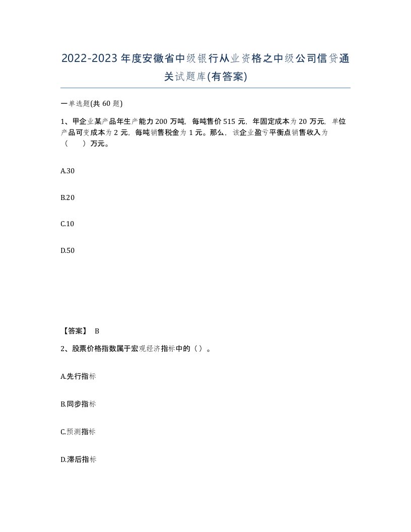 2022-2023年度安徽省中级银行从业资格之中级公司信贷通关试题库有答案