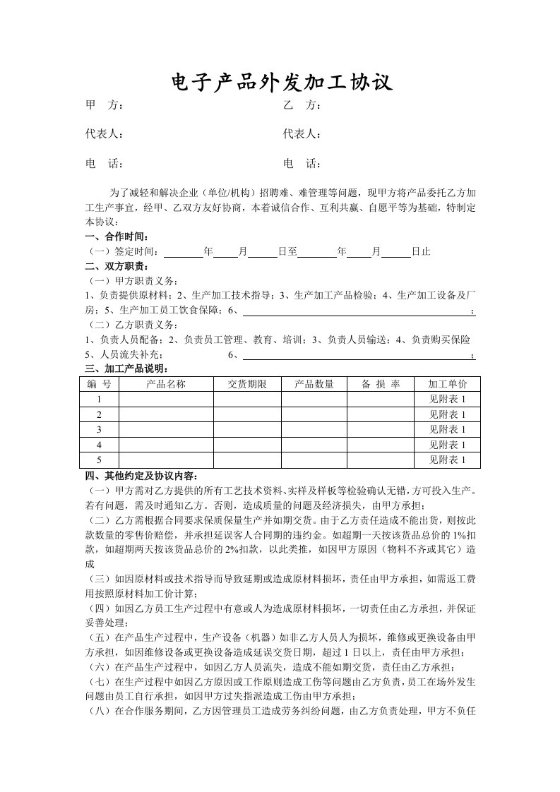 众志创业-电子产品外发加工协议