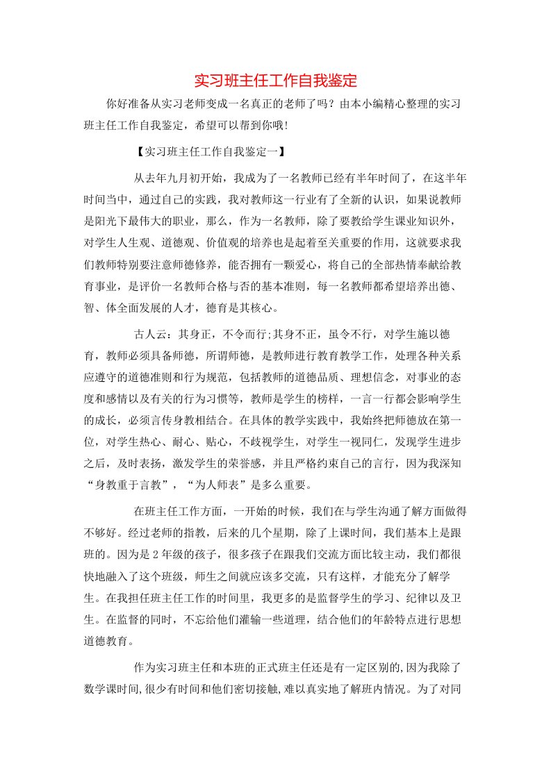 实习班主任工作自我鉴定