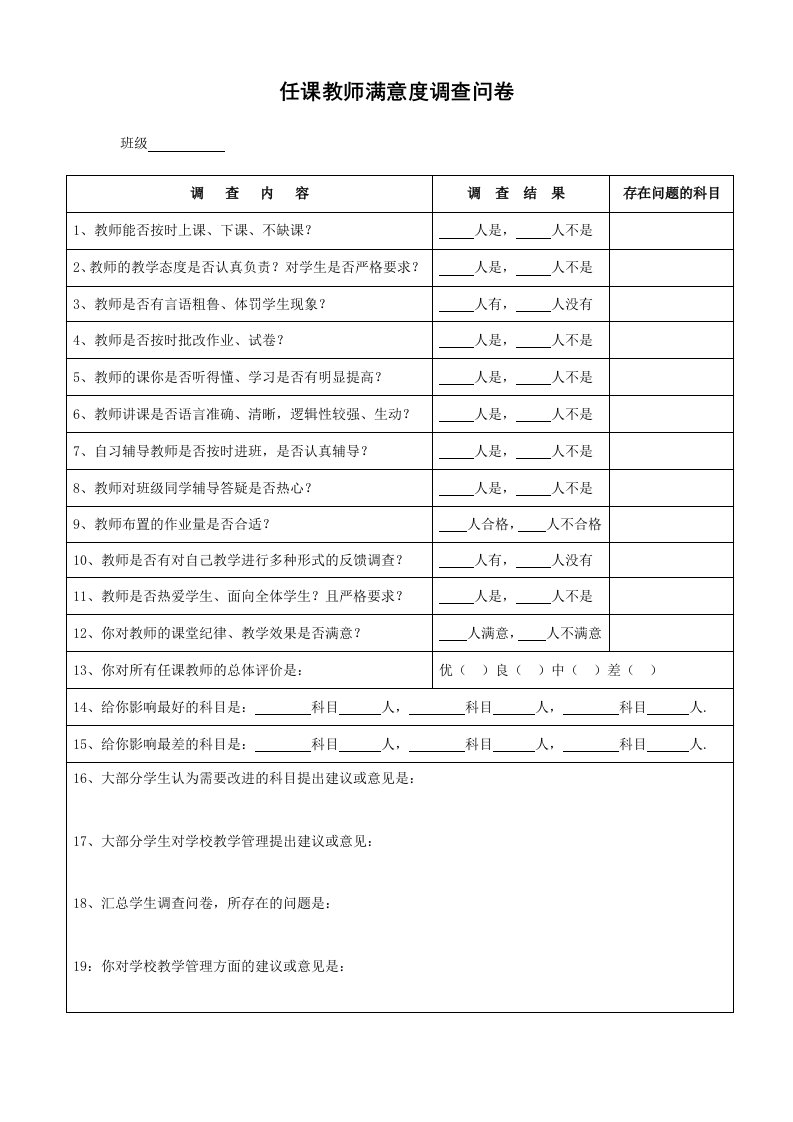 任课教师满意度调查问卷汇总表