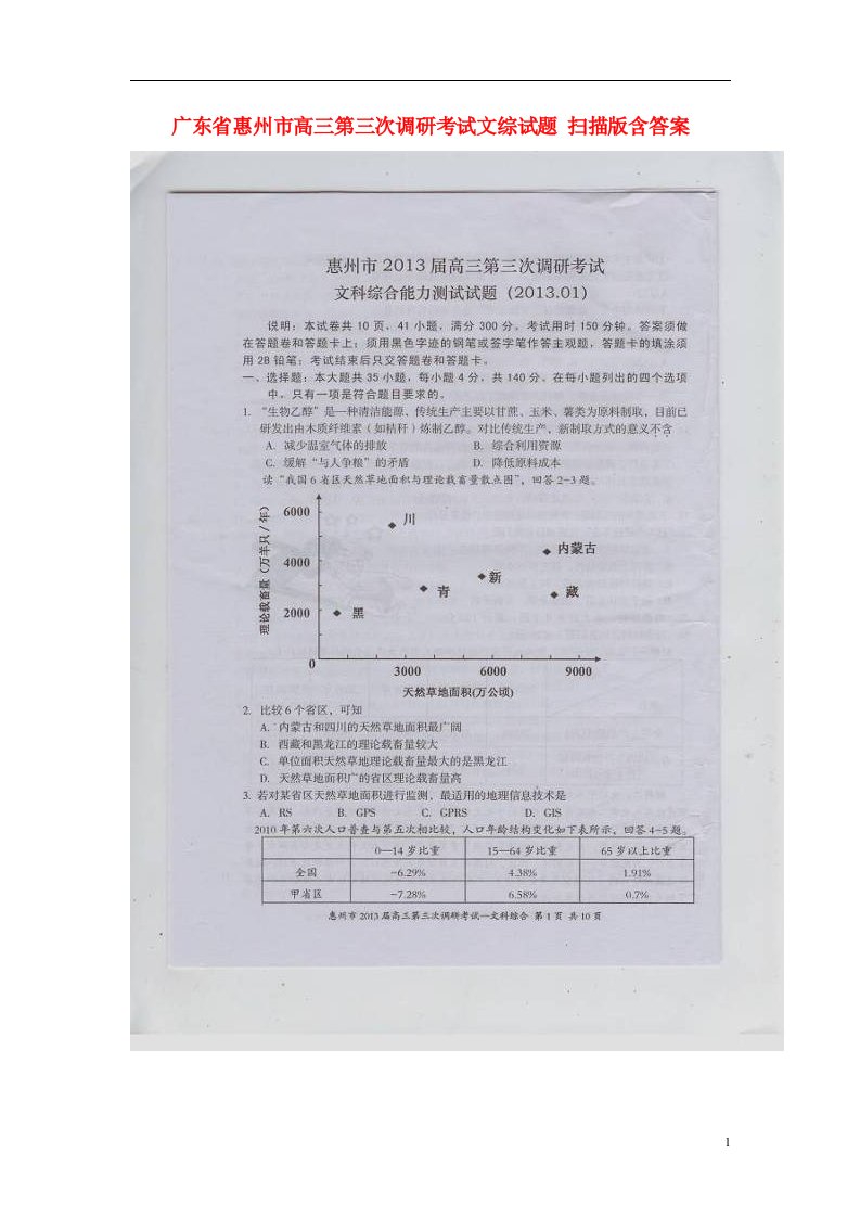 广东省惠州市高三文综第三次调研考试试题（扫描版）