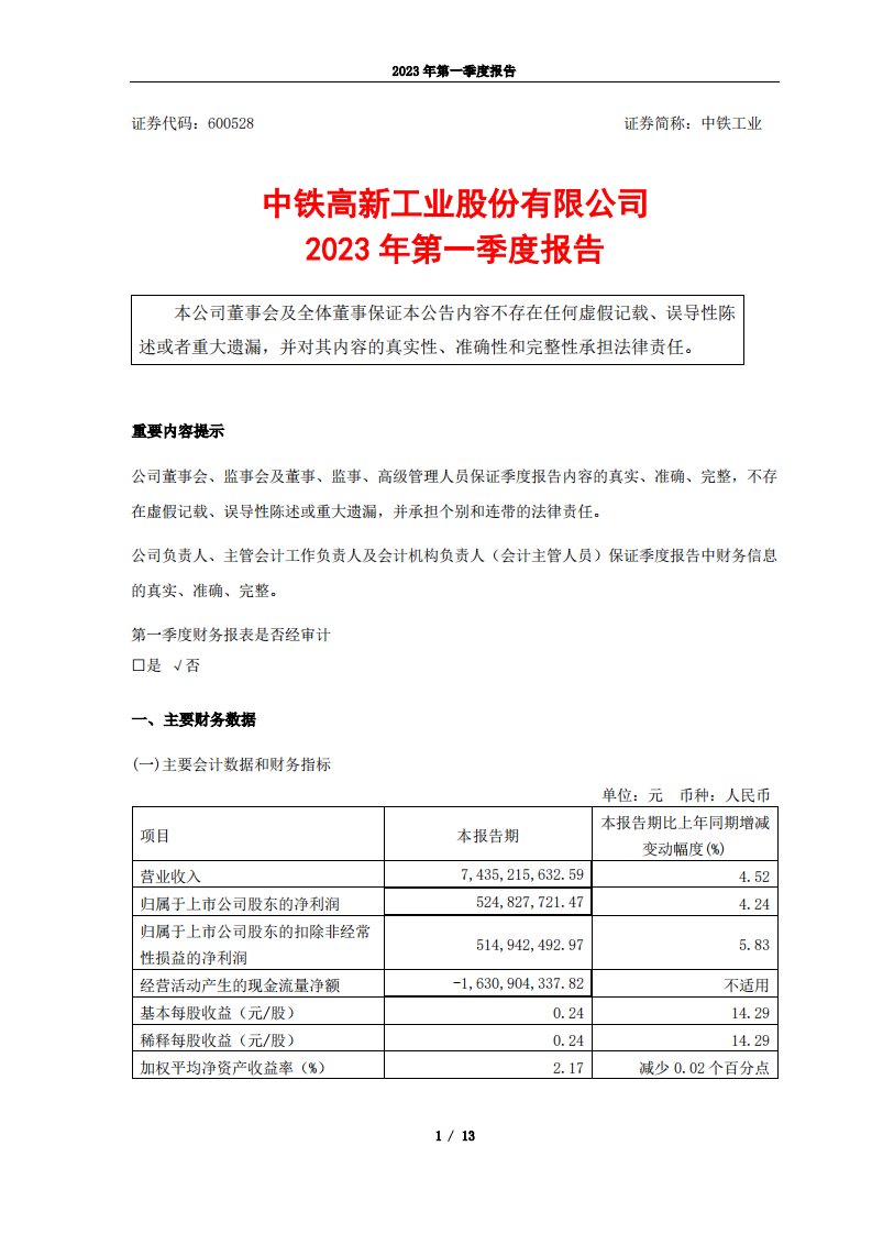 上交所-中铁工业2023年第一季度报告-20230428