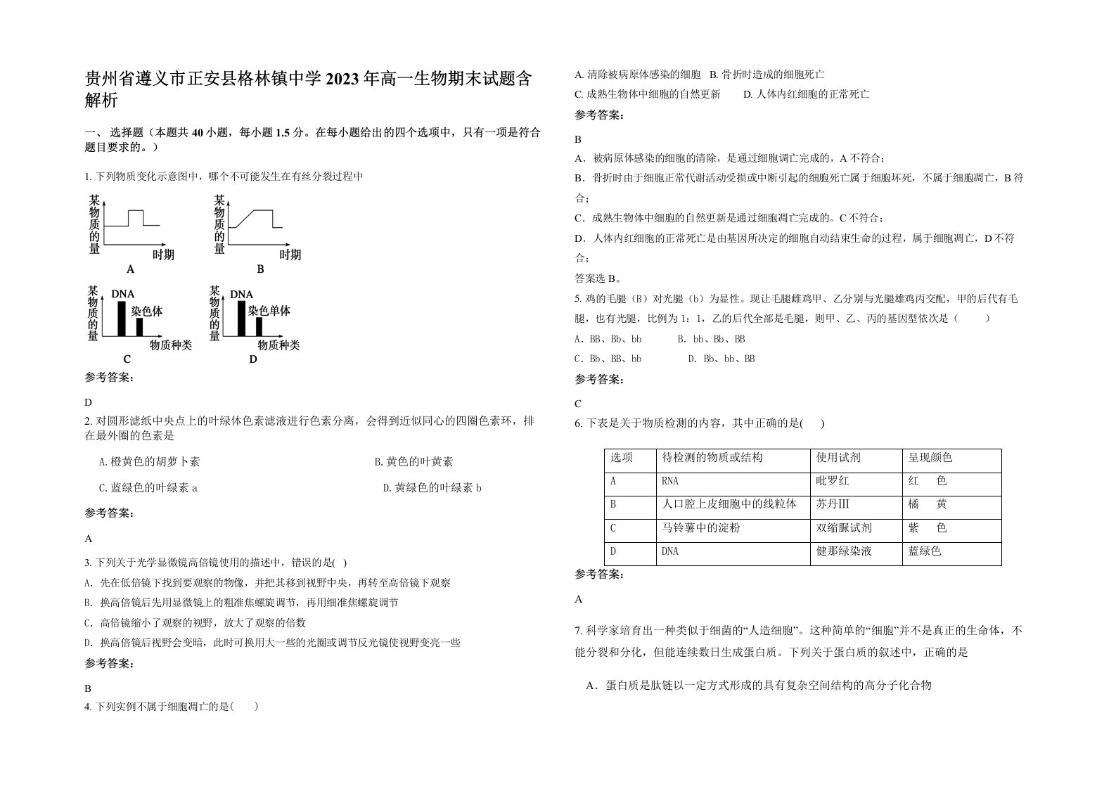 贵州省遵义市正安县格林镇中学2023年高一生物期末试题含解析