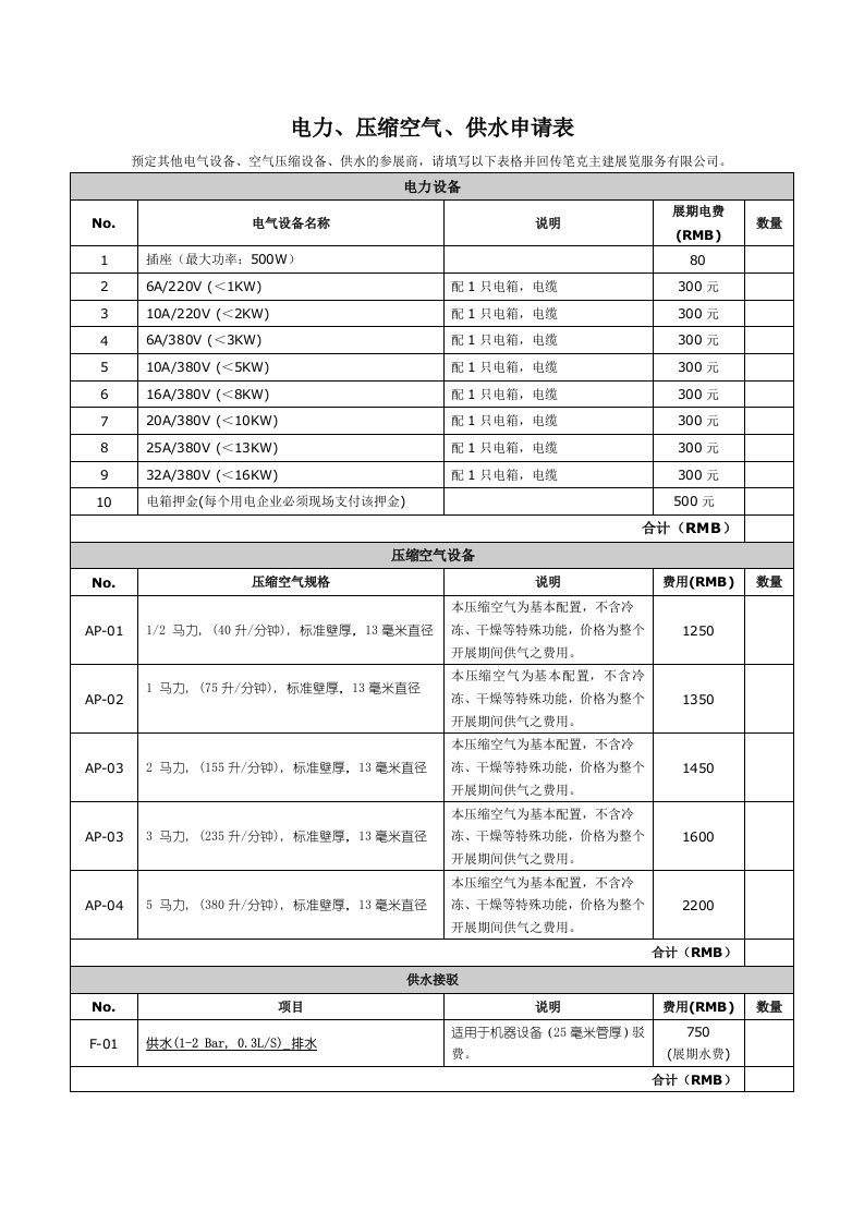 电力行业-电力、压缩空气、供水申请表