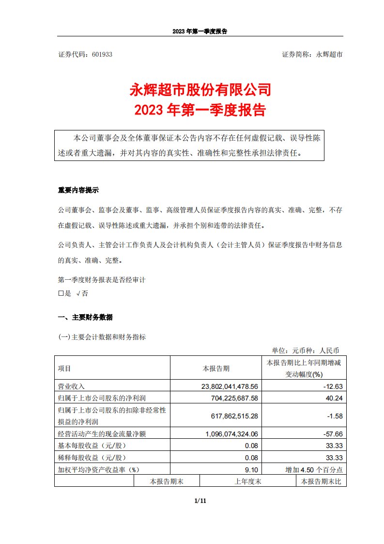 上交所-永辉超市股份有限公司2023年第一季度报告-20230428