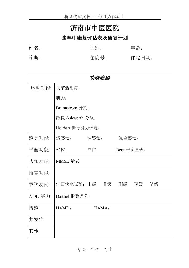 康复科脑卒中康复评估表及治疗计划(共2页)