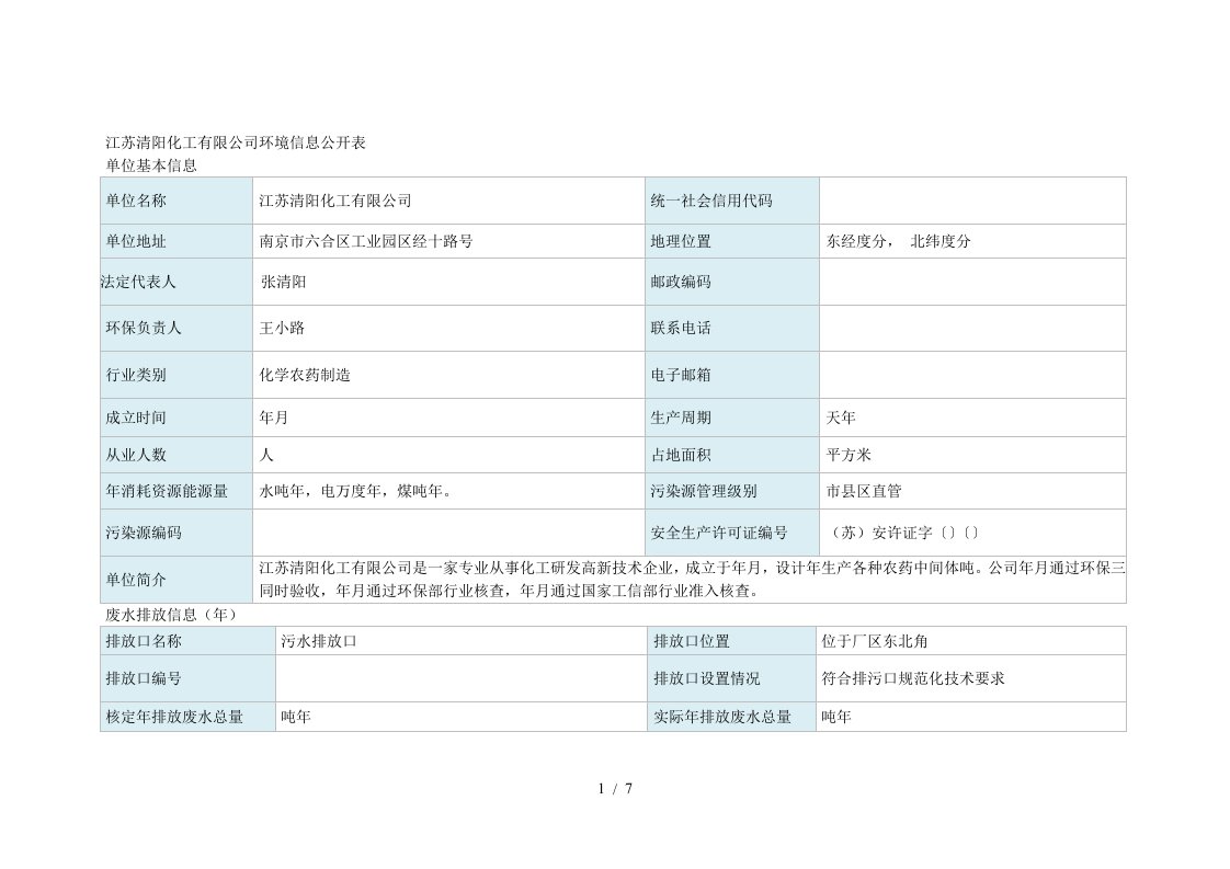 清阳化工有限公司环境信息公开表