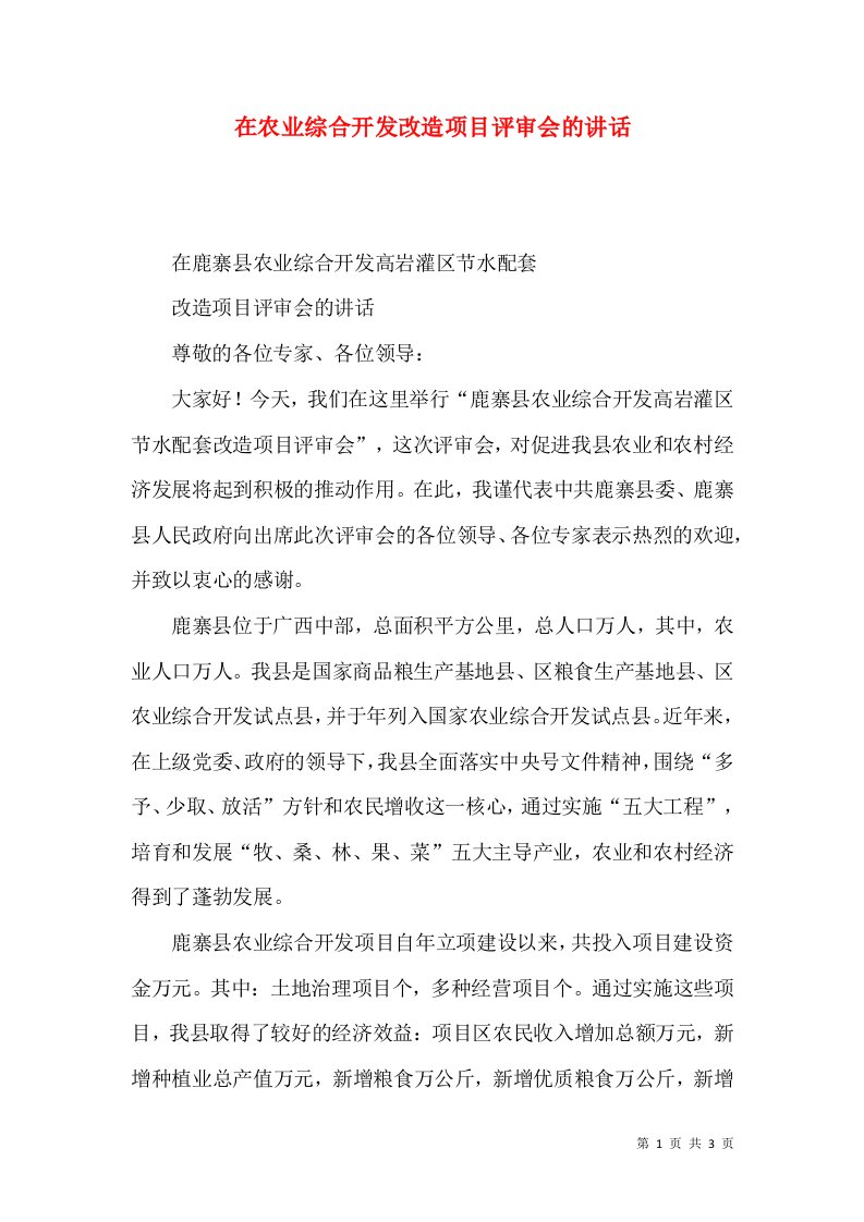 在农业综合开发改造项目评审会的讲话