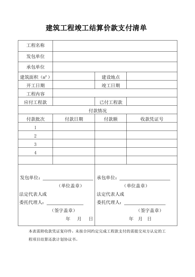 建筑工程竣工结算价款支付清单