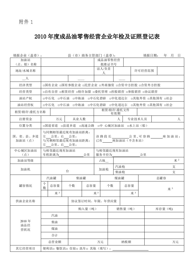 成品油零售经营企业年检及换证证照登记表