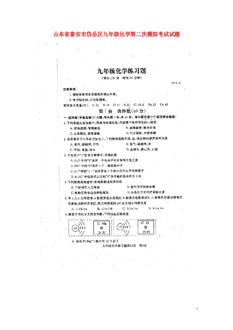 山东省泰安市岱岳区九级化学第二次模拟考试试题（扫描版）