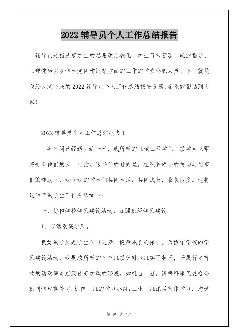 2022辅导员个人工作总结报告