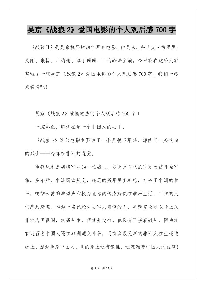 吴京战狼2爱国电影的个人观后感700字