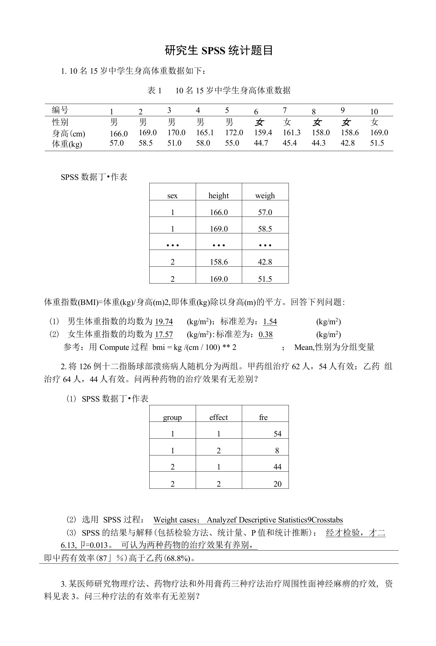 研究生SPSS考试题目