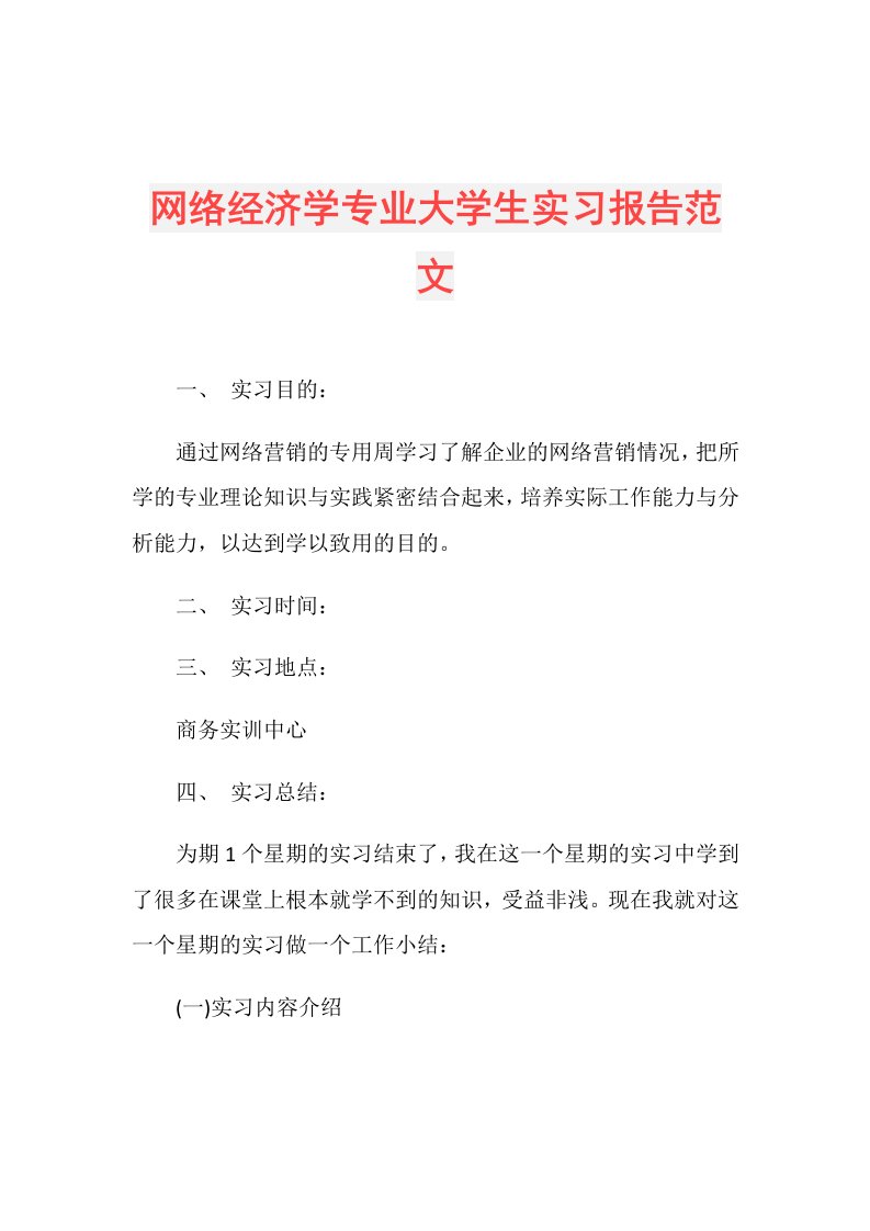 网络经济学专业大学生实习报告范文