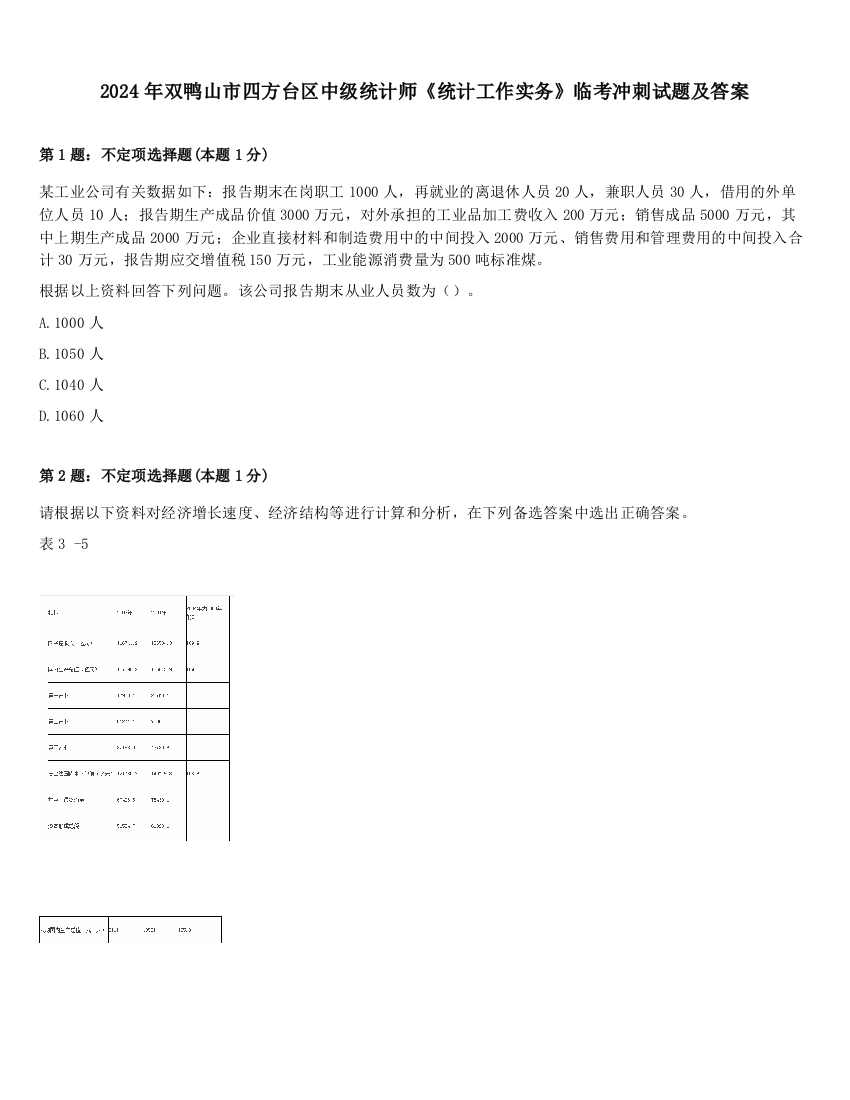 2024年双鸭山市四方台区中级统计师《统计工作实务》临考冲刺试题及答案