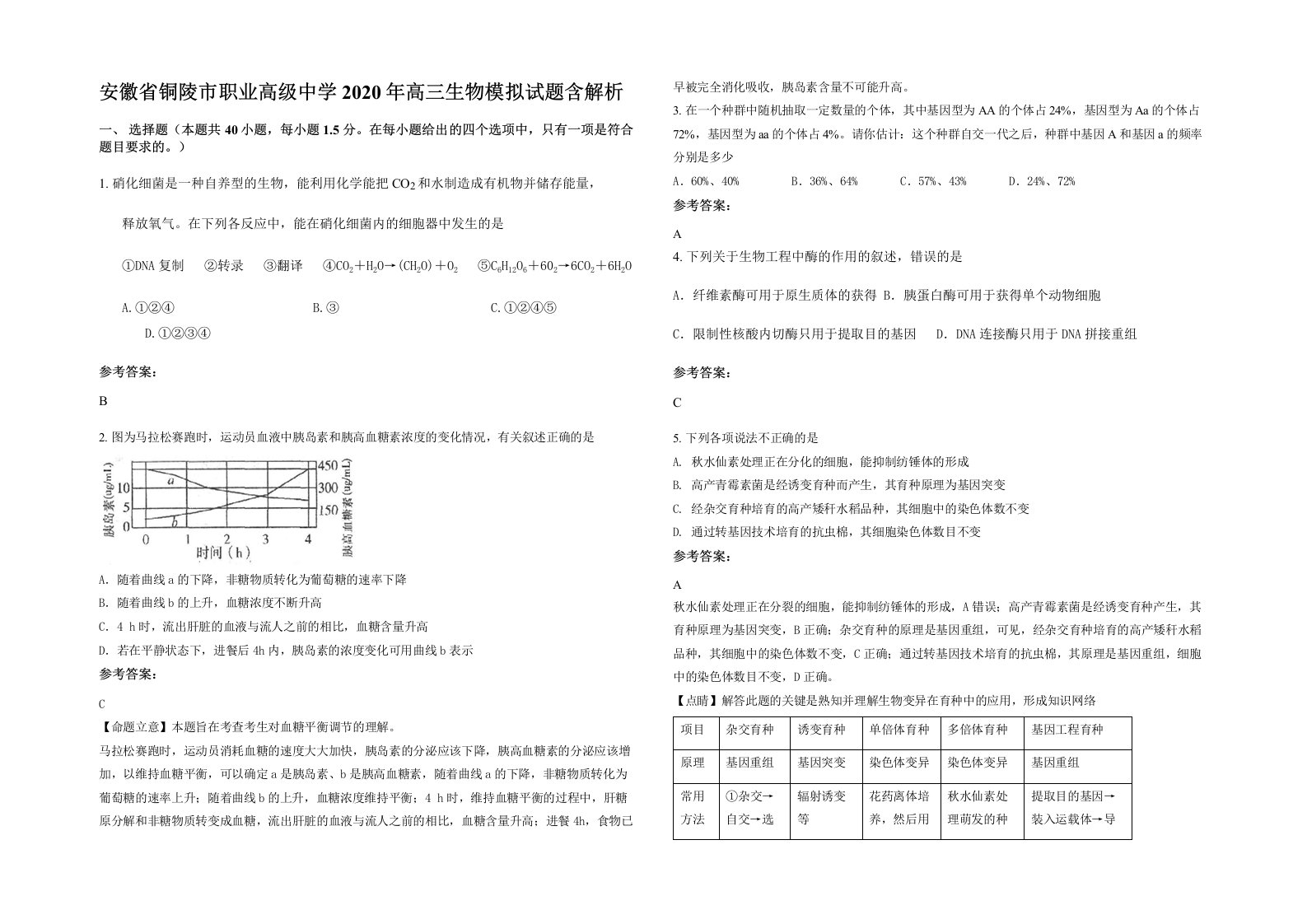 安徽省铜陵市职业高级中学2020年高三生物模拟试题含解析