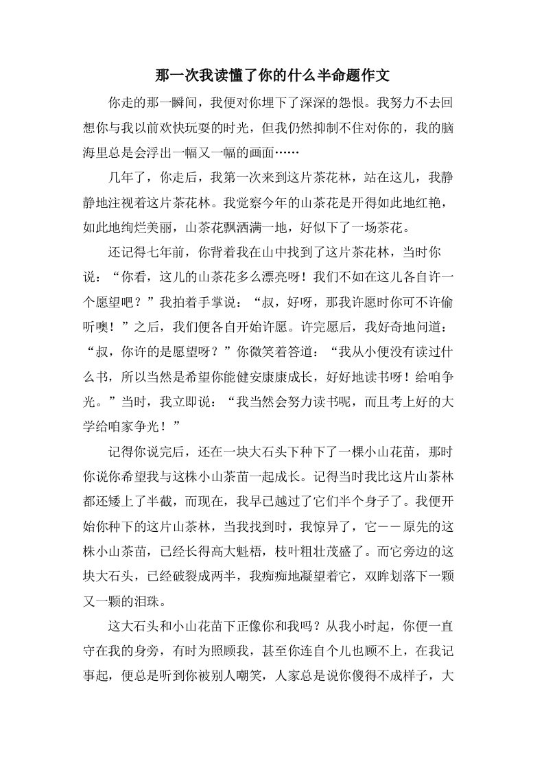 那一次我读懂了你的什么半命题作文