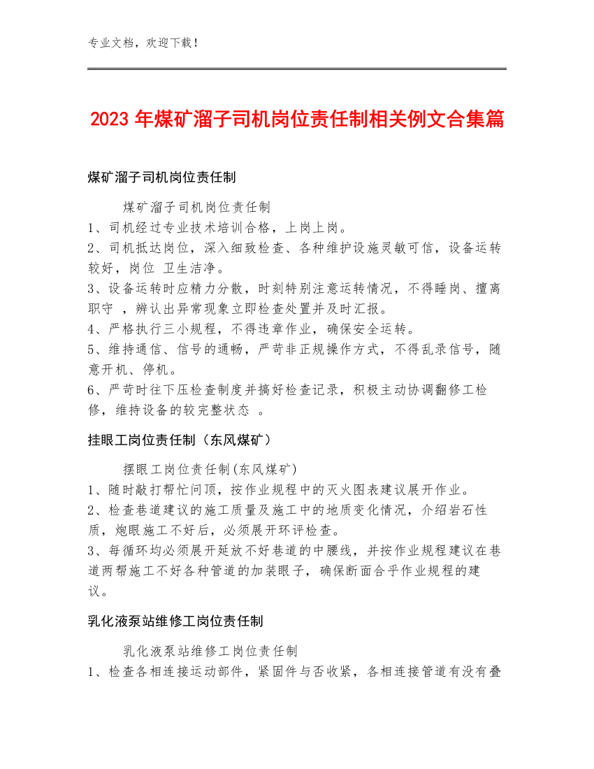 2023年煤矿溜子司机岗位责任制例文合集篇