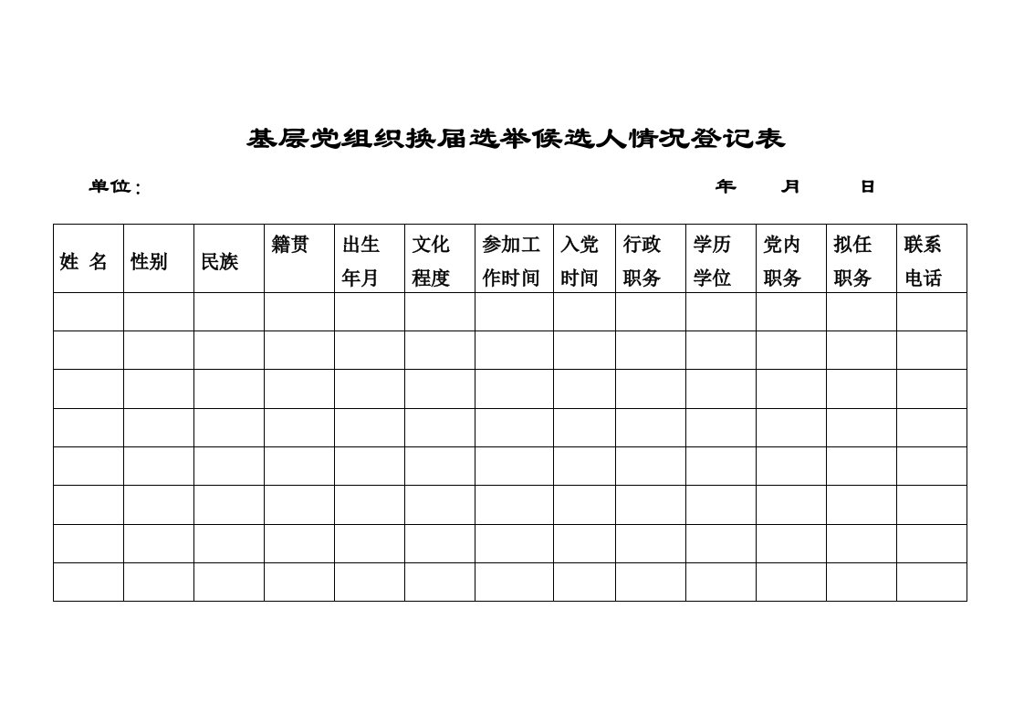 基层党组织换届选举候选人情况登记表