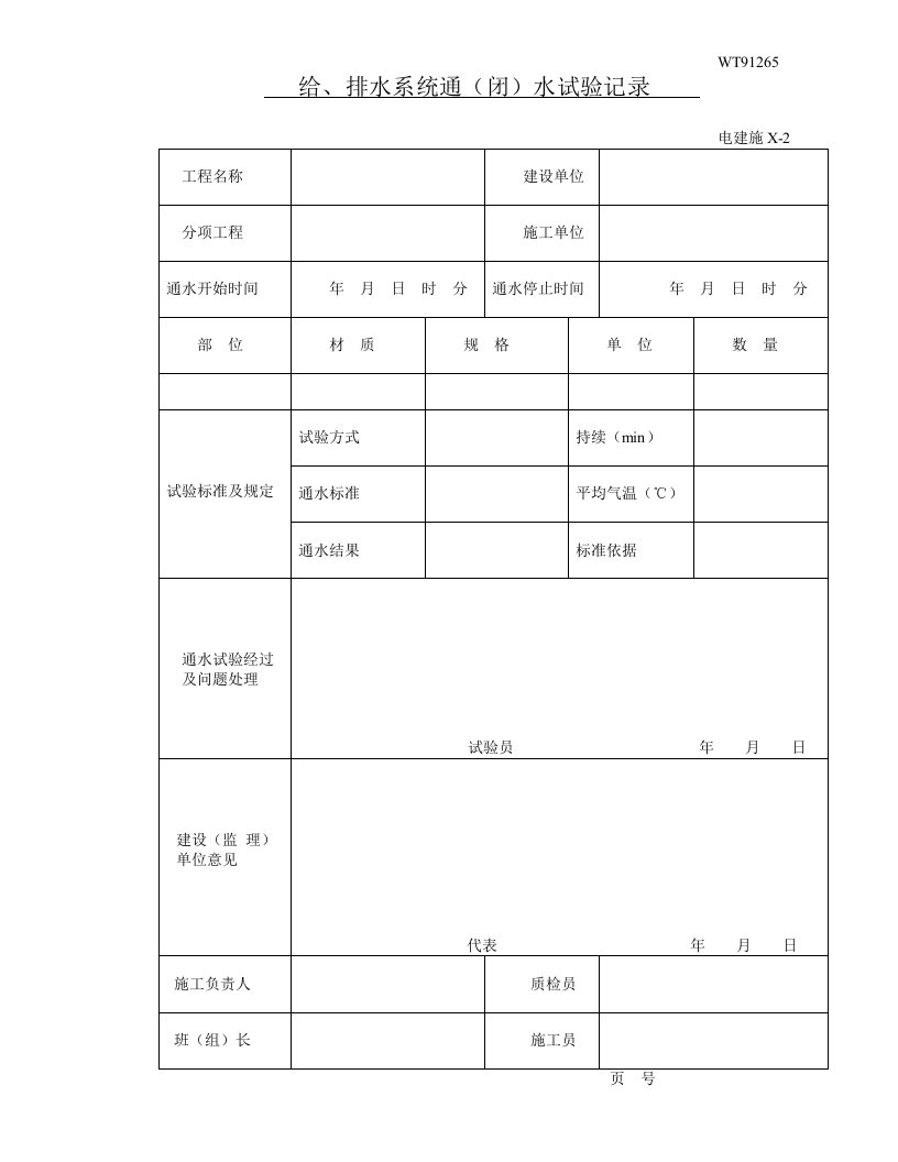 电力建筑工程验收表格-给、排水系统通(闭)水试验记录