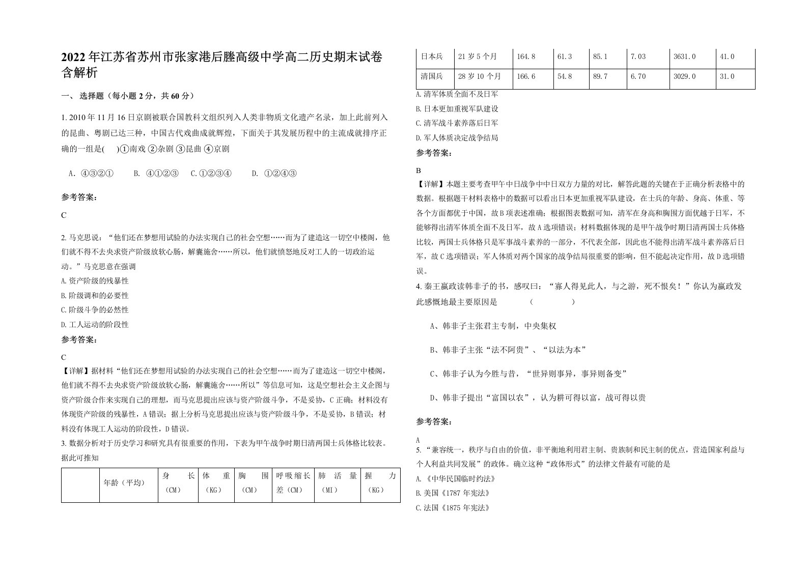 2022年江苏省苏州市张家港后塍高级中学高二历史期末试卷含解析