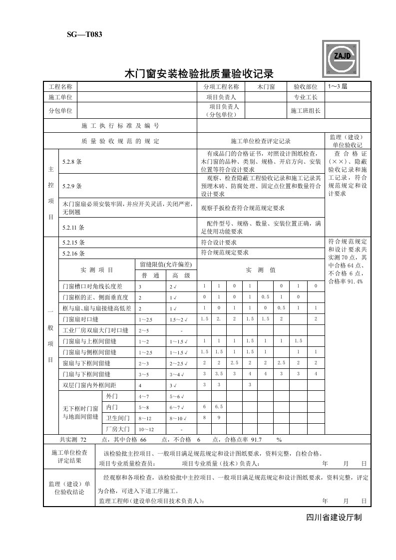 SG-T083木门窗安装检验批质量验收记录