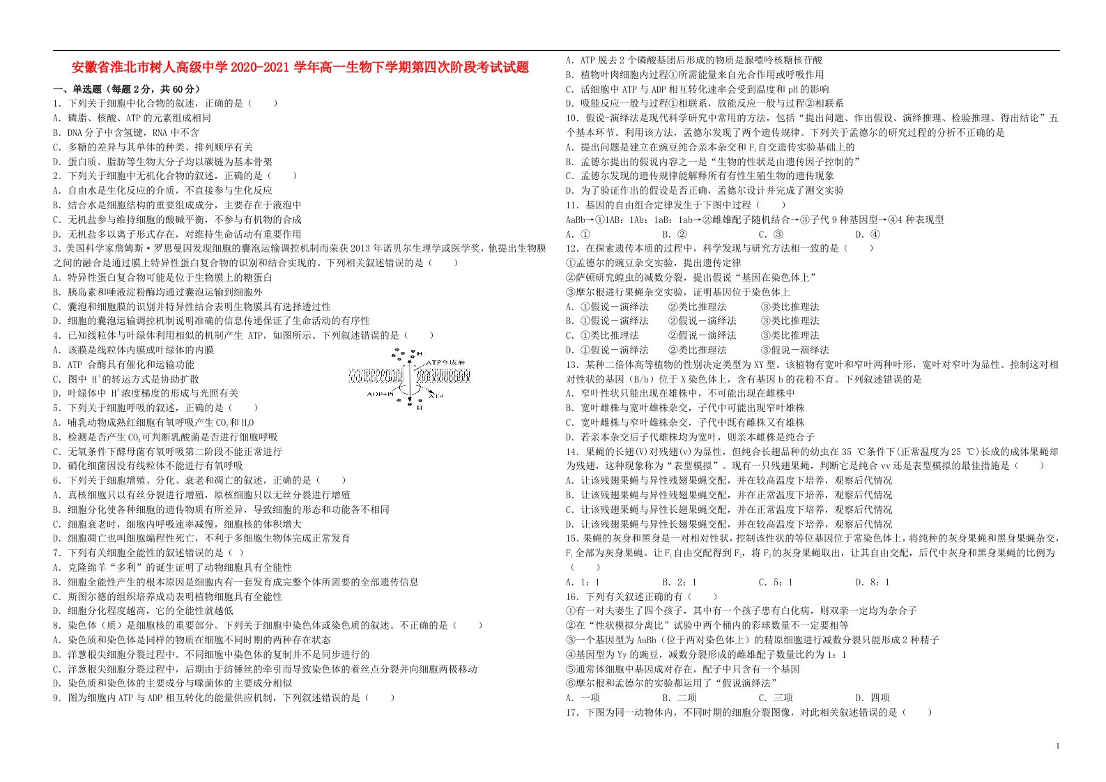 安徽省淮北市树人高级中学2020_2021学年高一生物下学期第四次阶段考试试题202106300118