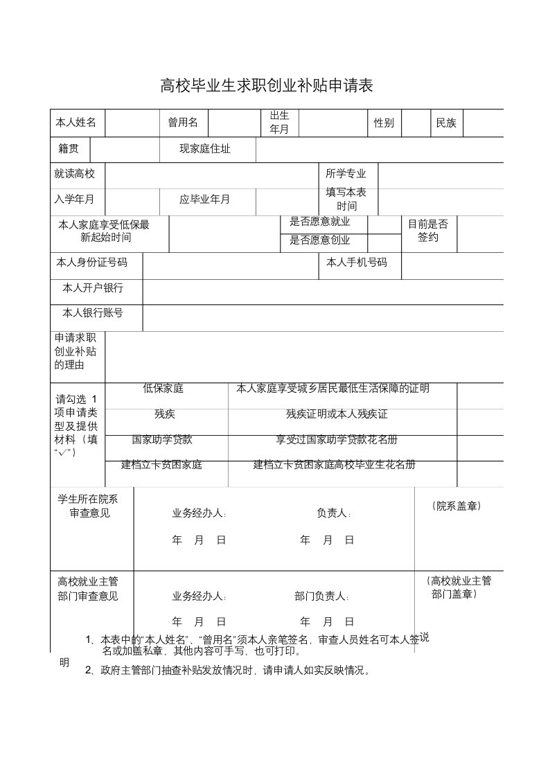 高校毕业生求职创业补贴申请表