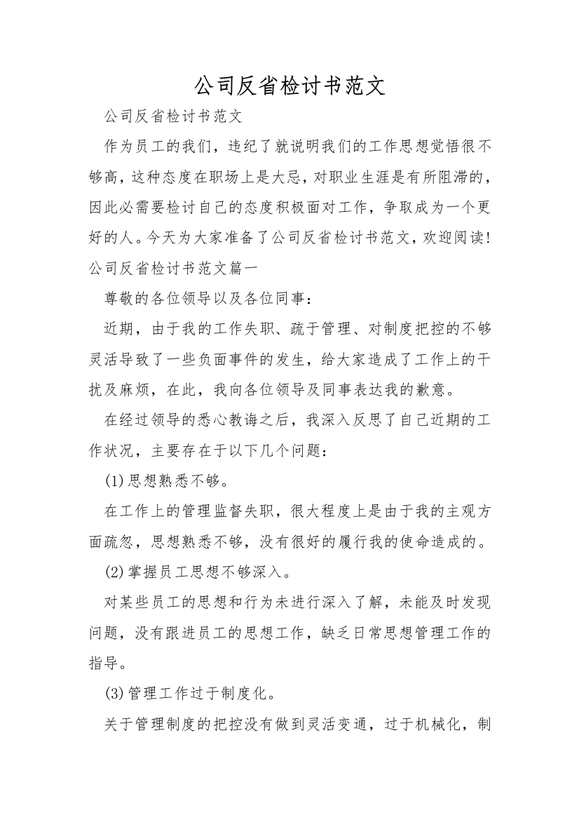 公司反省检讨书范文