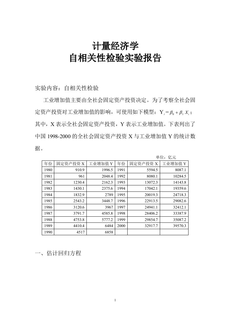 计量经济学自相关性检验实验报告