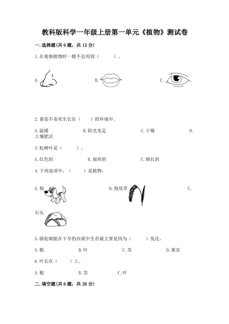 教科版科学一年级上册第一单元《植物》测试卷含完整答案【历年真题】