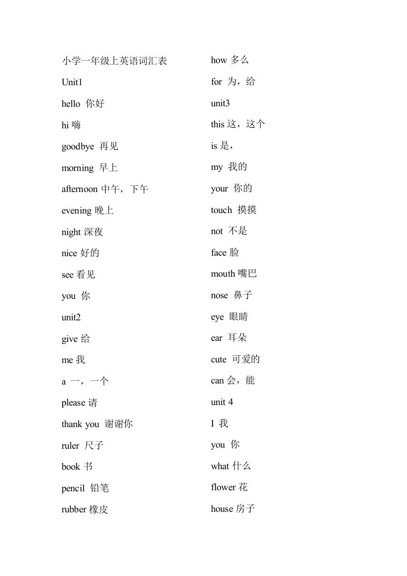 深圳广州沪教牛津版小学一至六年级英语单词表(含中文)