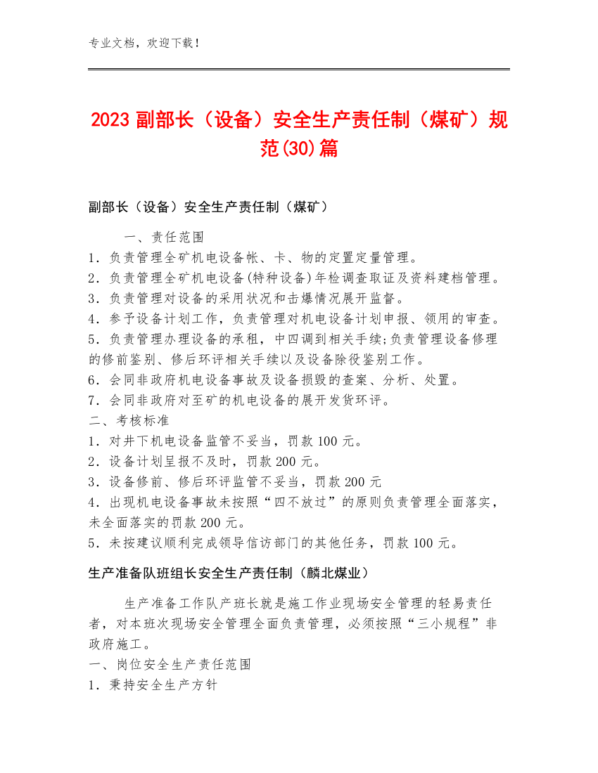 2023副部长（设备）安全生产责任制（煤矿）规范(30)篇