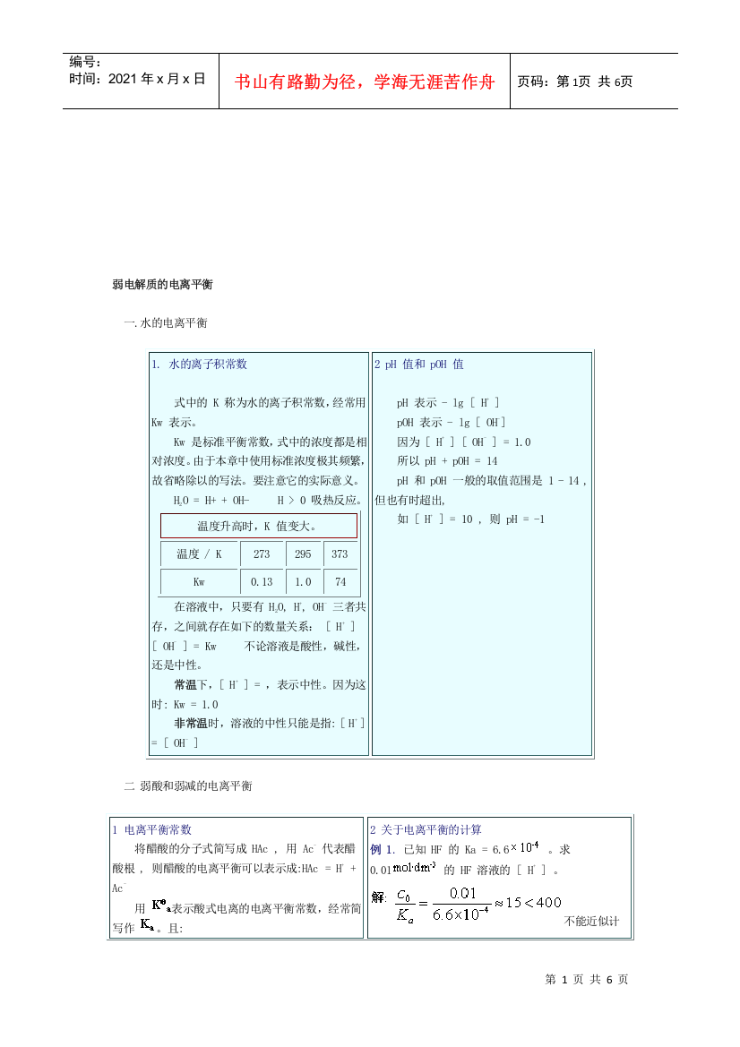 弱电解质的电离平衡知识