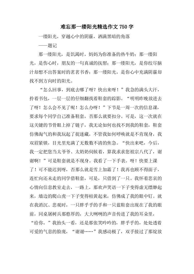 难忘那一缕阳光作文750字