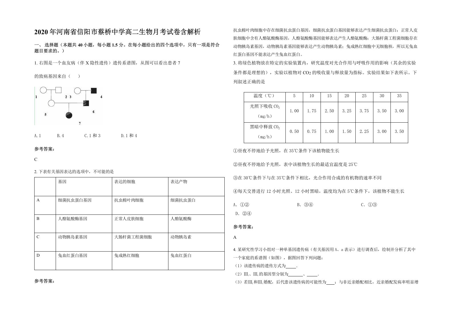 2020年河南省信阳市蔡桥中学高二生物月考试卷含解析