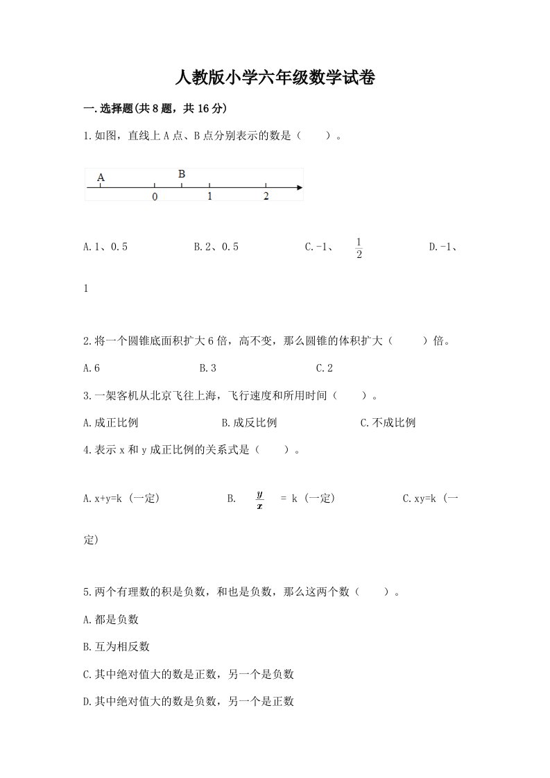 人教版小学六年级数学试卷（易错题）