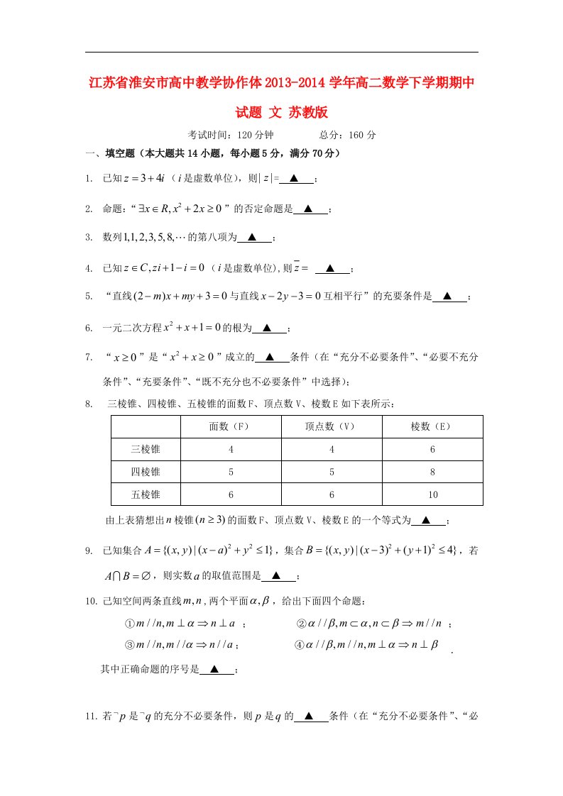 江苏省淮安市高中教学协作体高二数学下学期期中试题