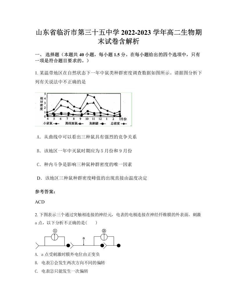 山东省临沂市第三十五中学2022-2023学年高二生物期末试卷含解析