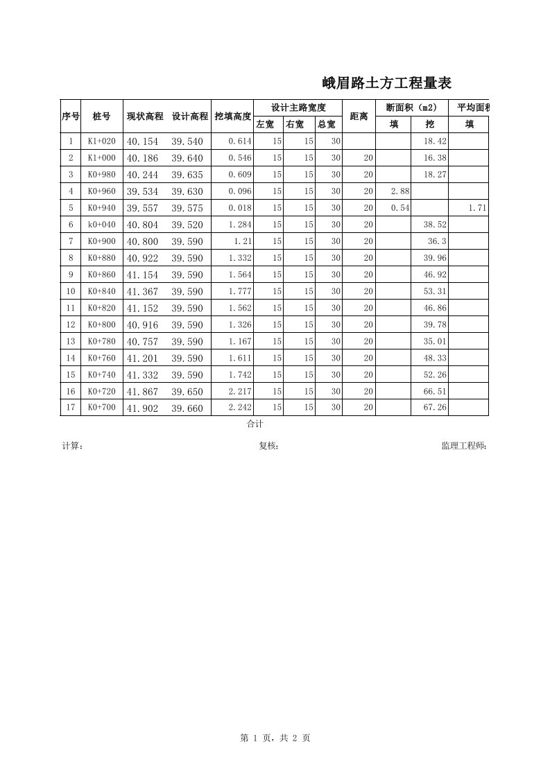 市政道路土方EXCEL计算表(含公式)