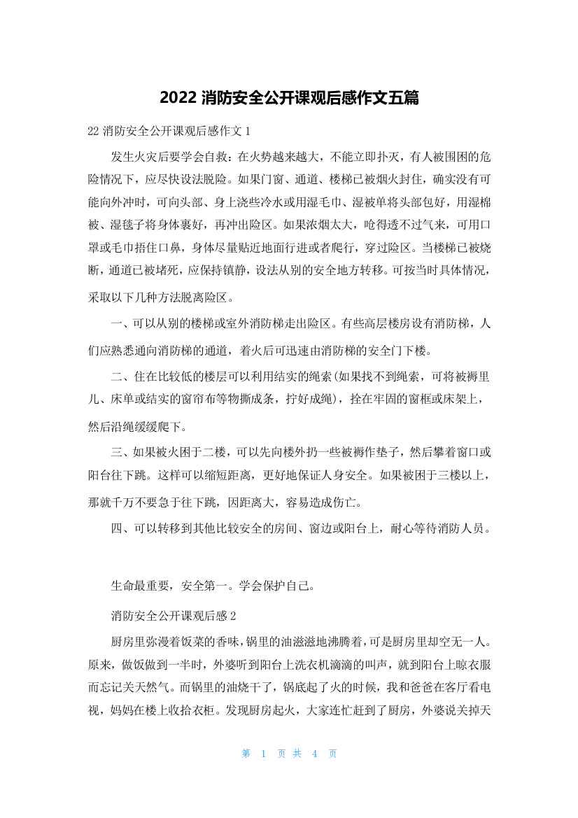 2022消防安全公开课观后感作文五篇