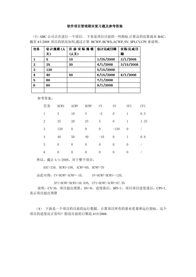 软件项目管理期末复习题及参考答案