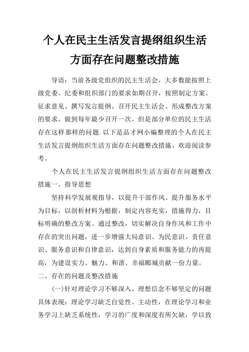 个人在民主生活发言提纲组织生活方面存在问题整改措施