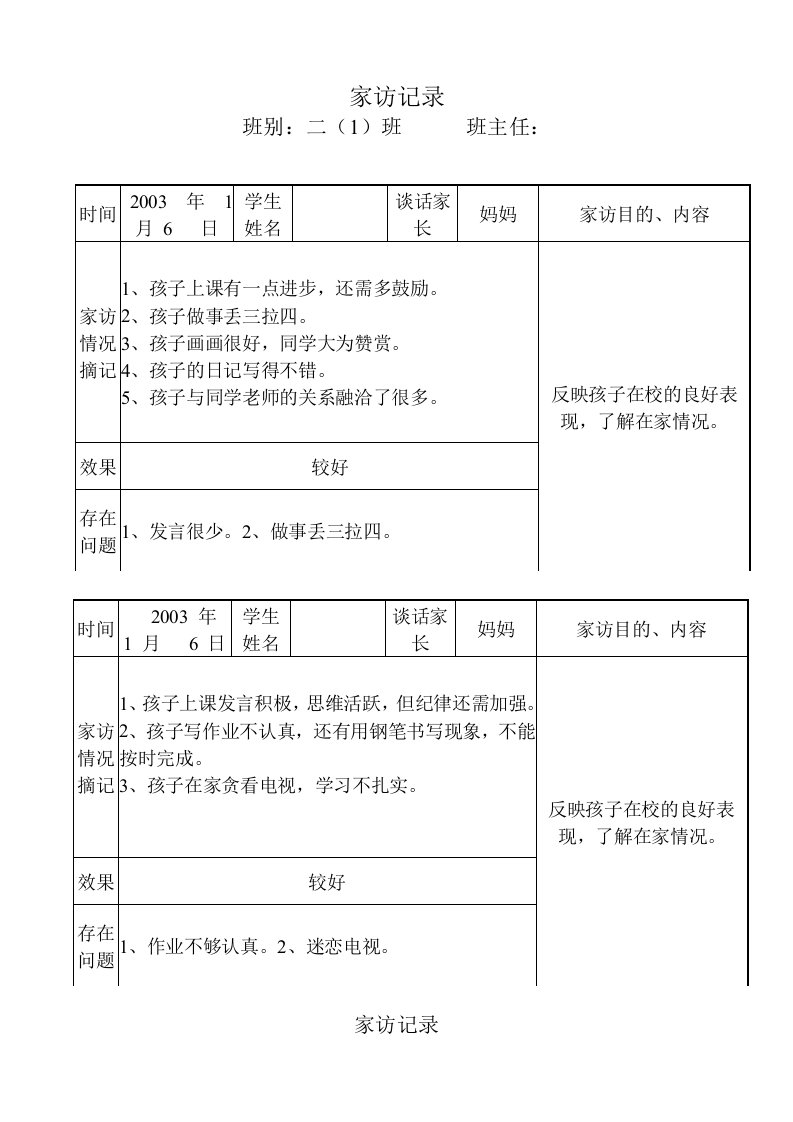 小学三年级家访记录(精)