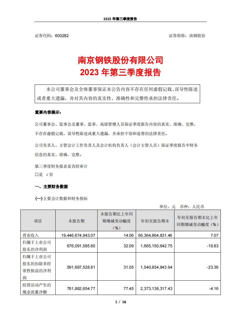 上交所-南京钢铁股份有限公司2023年第三季度报告-20231027