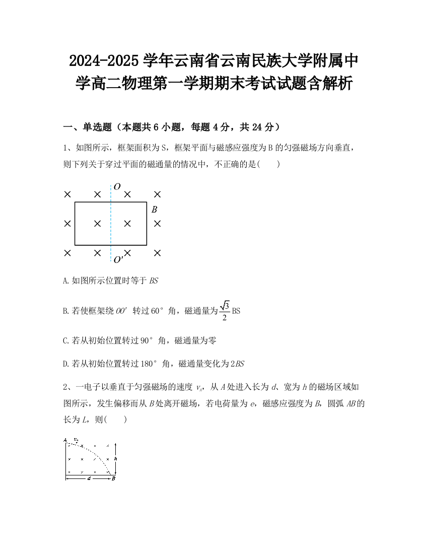 2024-2025学年云南省云南民族大学附属中学高二物理第一学期期末考试试题含解析