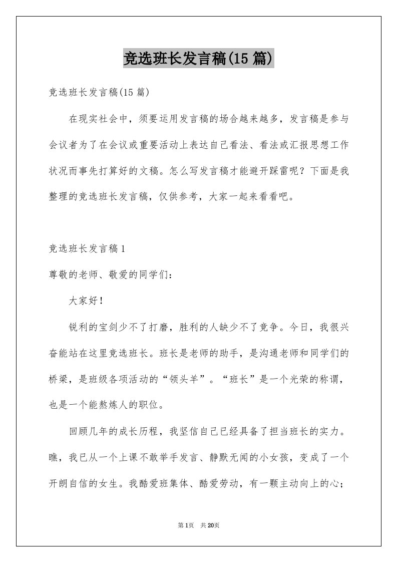 竞选班长发言稿15篇例文3