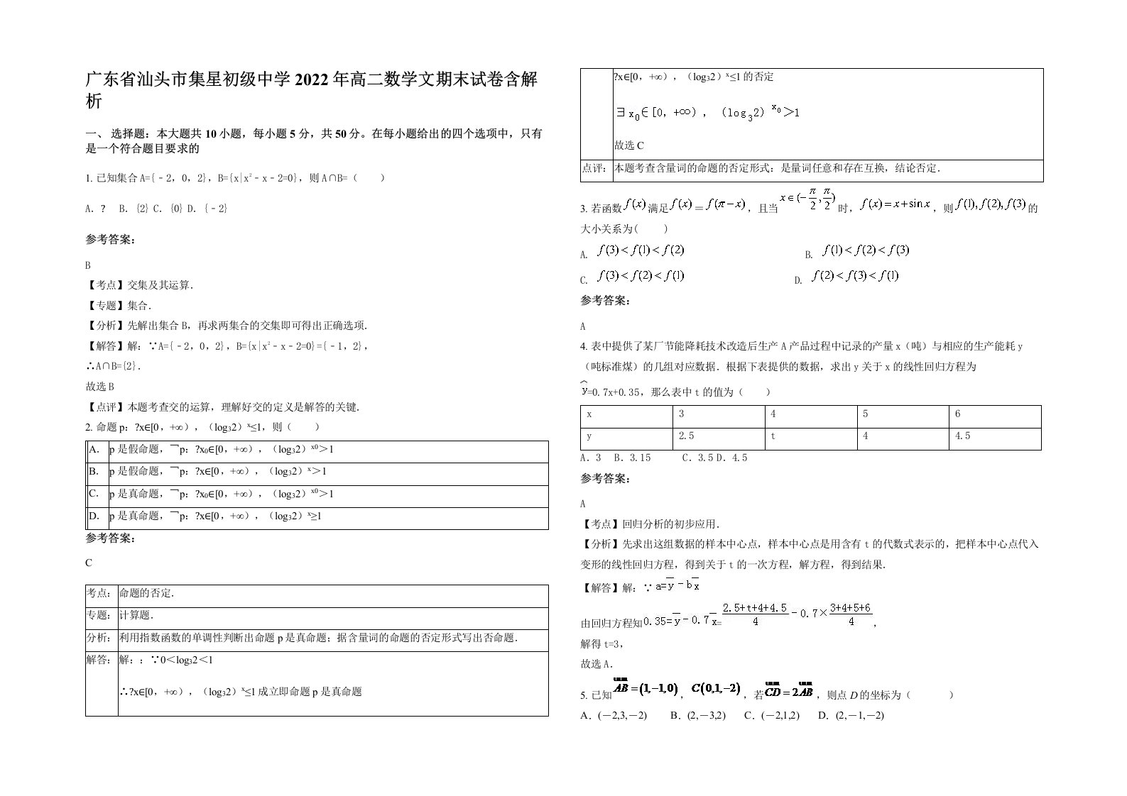 广东省汕头市集星初级中学2022年高二数学文期末试卷含解析