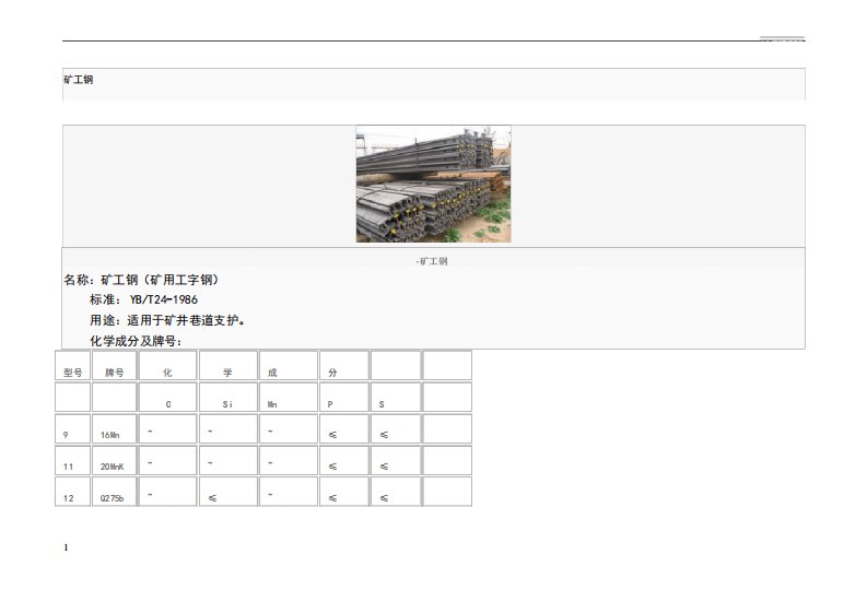 矿用工字钢标准